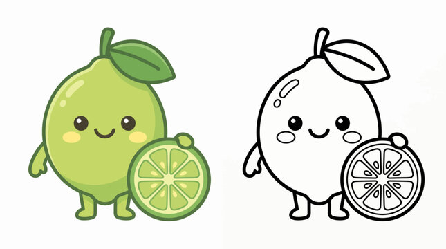 Adorable cartoon lime character with a citrus slice puppet in a cheerful style
