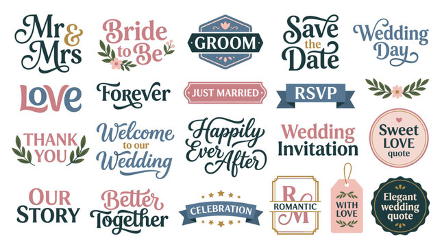 Colorful wedding lettering vector set with bride and groom text, save the date, RSVP, just married, thank you, love quotes and bridal signs