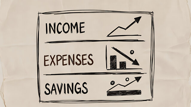 Hand-drawn chart illustrating personal finance management with increasing income, decreasing expenses, and growing savings.