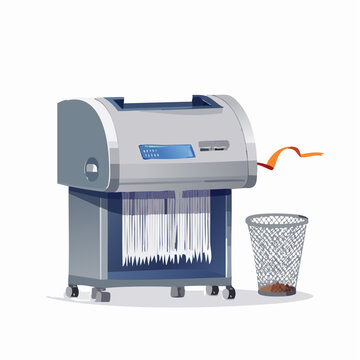 Office paper shredder machine destroying documents and creating shredded paper strips next to a waste bin