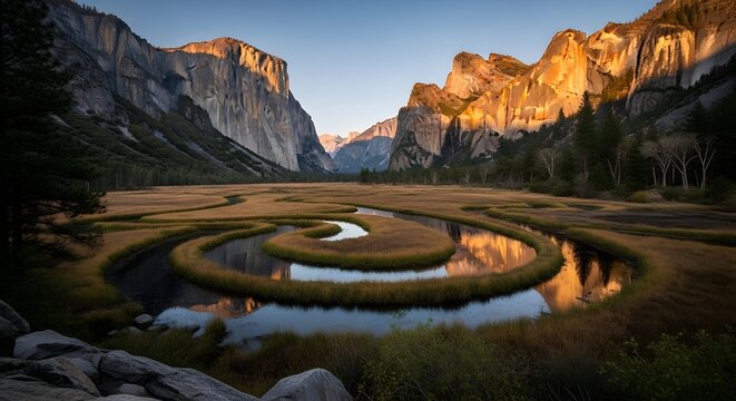 Golden Hour reflection in meandering river through Yosemite Valley