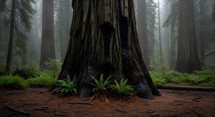 Obraz premium Giant Redwood Forest Scene with Mossy Trunks and Fog