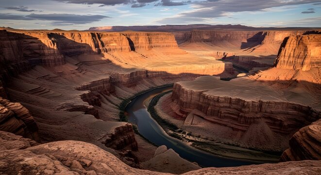 Grand Canyon panoramic river view at sunrise or sunset