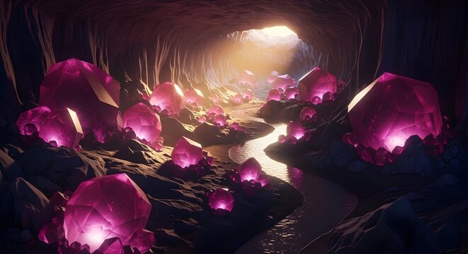 Glowing crystal cavern path mystical subterranean fantasy landscape