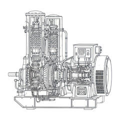 Obraz premium Industrial Turbine Generator Cutaway Drawing, Engineering Blueprint