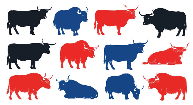 Colorful Yak Silhouettes Collection: Standing and Lying Down Poses