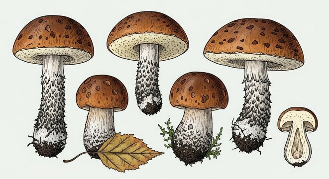 A group of brown mushrooms with spots.