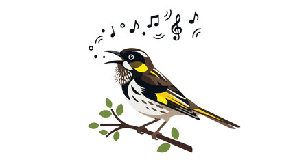 Obraz premium Singing Honeyeater Bird Perched on Branch with Musical Notes Vector