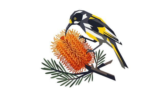 Honeyeater Bird Feeding on Orange Banksia Flower Nectar Illustration