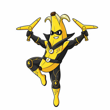 Superhero Banana Character with Weapons.