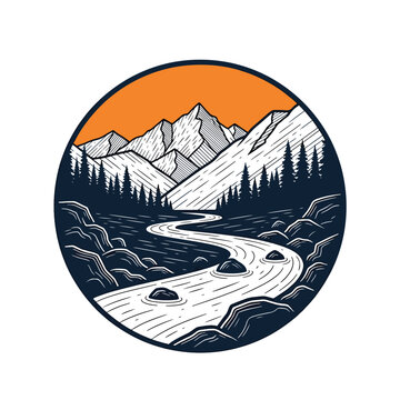 Circular mountain landscape illustration with winding river and pine forest.