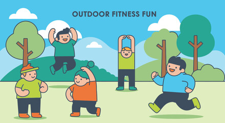 Obraz premium People exercising outdoors in a park with trees and green grass happily