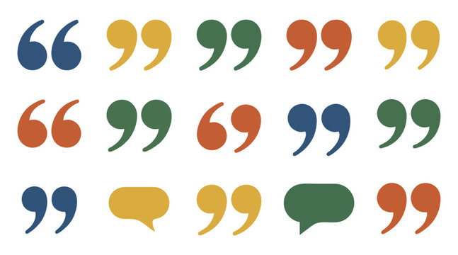 Colorful vector graphic illustration showing various styles of speech marks and chat bubble icons arranged in a grid pattern layout