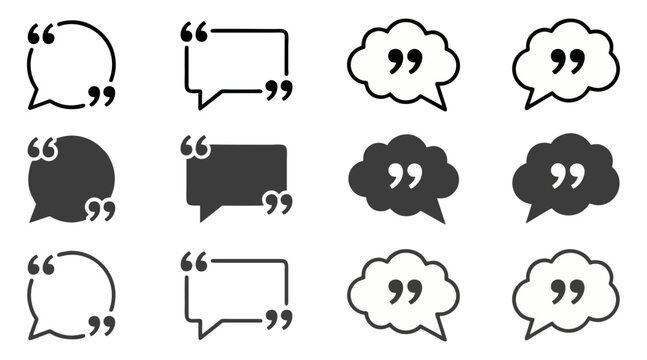 Collection of diverse speech bubble icons featuring quotation marks designed as clean black and white vector graphic element shapes