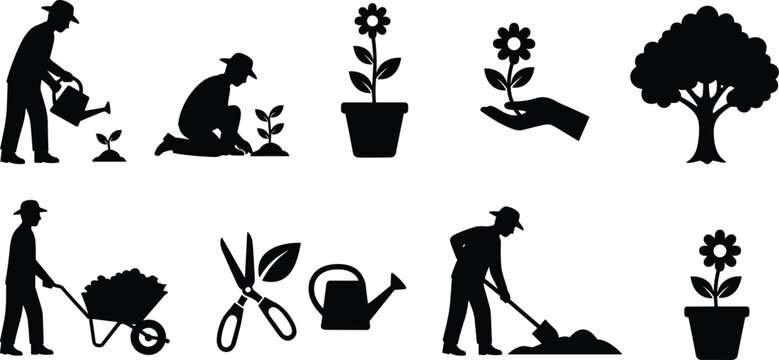 Gardening and plant care silhouette illustration, watering plants, growing flowers, tree, shovel, wheelbarrow, pruning shears, watering can, nature, environment