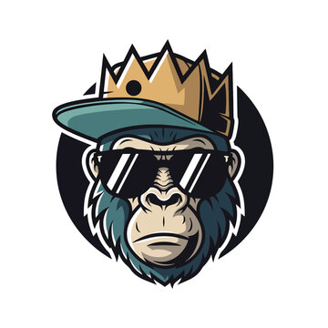 Cool Gorilla Head Mascot Wearing Sunglasses and Crown.