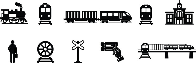 Railway transportation icon set, train station silhouette, locomotive, passenger train, freight wagon, ticket, railway crossing, travel, commute, journey, transport © MDMAHOMUDUL