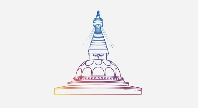 Boudhanath Stupa Outline Drawing, Kathmandu, Nepal - Colorful Gradient