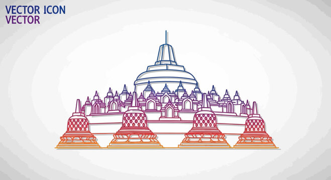 Borobudur Temple Outline Drawing, Ancient Buddhist Monument, Indonesia Landmark