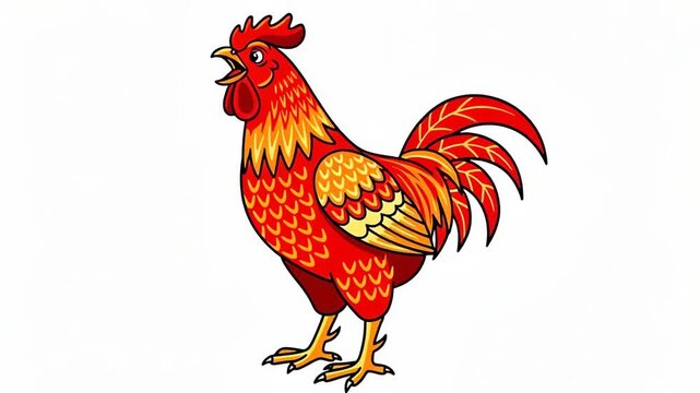 Vibrant Red Rooster Crowing Illustration on White Background