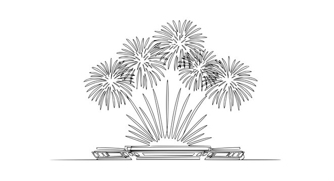 Minimalist outline drawing of fireworks exploding over a stage