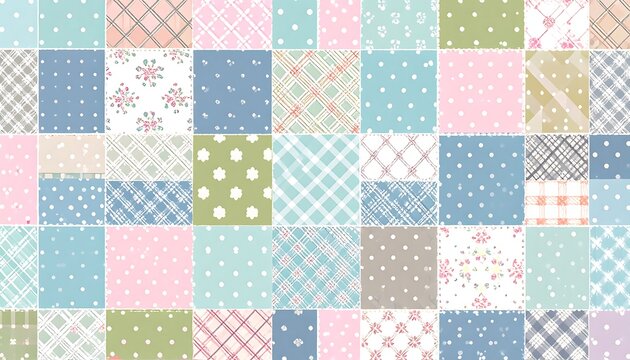 A patchwork design features a variety of square blocks filled with patterns such as florals, polka dots, checks, and stripes