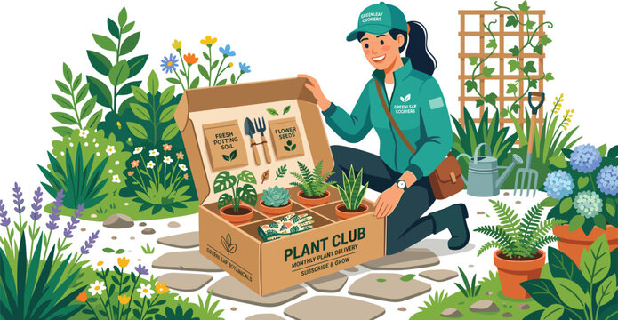 Happy woman gardener opening a monthly plant club subscription box filled with succulents and seeds in a lush garden.