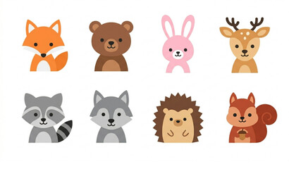 Fototapeta premium Minimal cute forest animal icon set with bright cartoon wildlife characters vector illustration isolated on white