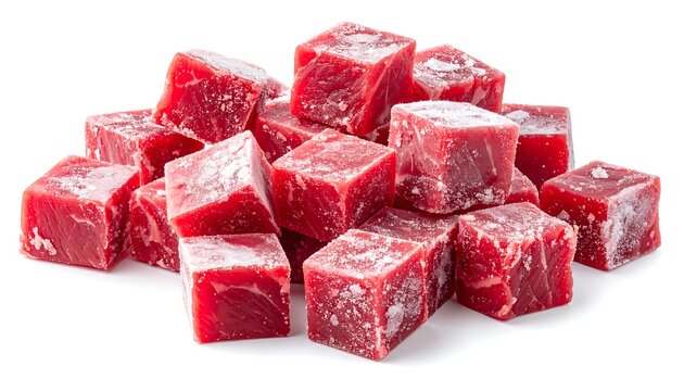A pile of raw, red beef cubes with frosted surfaces, piled atop a plain white background