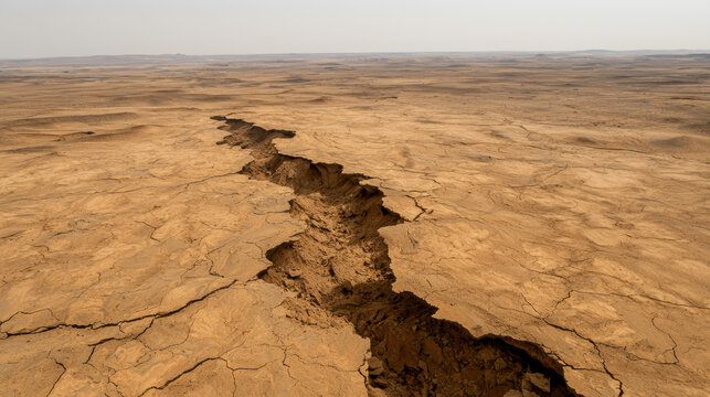  vast desert landscape with a large, deep fissure cutting through the dry, cracked earth under a hazy sky.