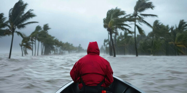 person in a red jacket navigates a boat through floodwaters as palm trees bend in strong winds during a storm.