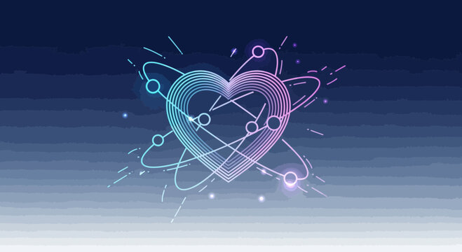 Abstract Heart Shape with Orbiting Atoms and Lines on Gradient Background