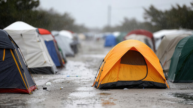 Rows of colorful tents set up on a muddy, rain-soaked ground, suggesting a campsite or temporary outdoor shelter in wet weather.