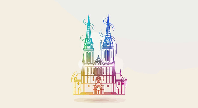 Zagreb Cathedral outline drawing with rainbow colors on a light background