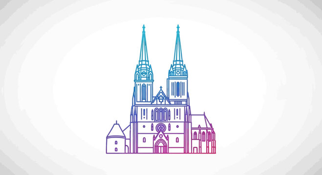 Zagreb Cathedral Outline Drawing, Croatia Landmark, Colorful Architectural Illustration