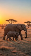 Fototapeta premium Majestic African Elephants Walking Through Savannah at Sunset.