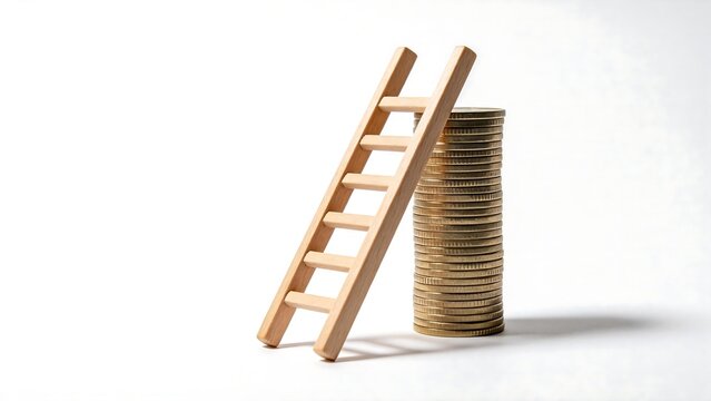 Wooden ladder on stack of coins