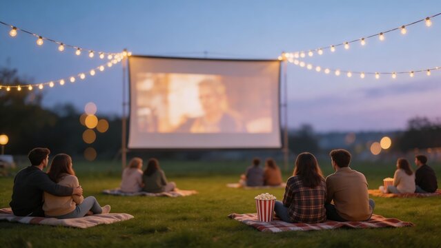 People watching movie outdoors on grass