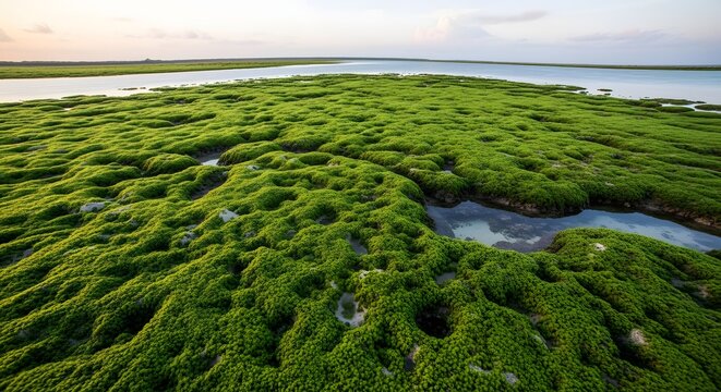 Mangrove forest ecosystem at sunset, tidal wetland landscape view