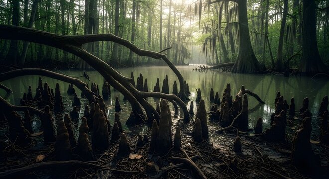 Misty Swamp Forest Landscape with Exposed Tree Roots and Trees