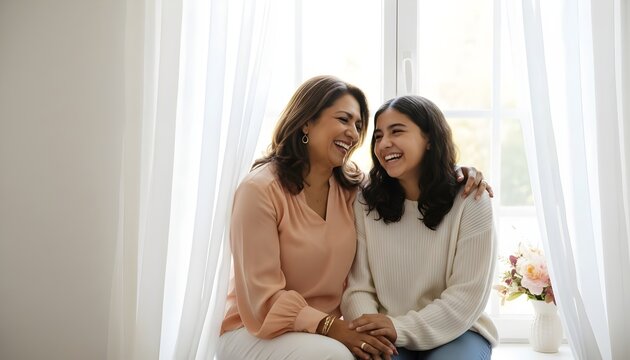 Joyful moment of latina mother and teenage daughter with soft spring editorial aesthetic