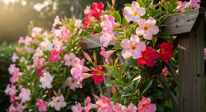 Pink and red flowers climbing trellis