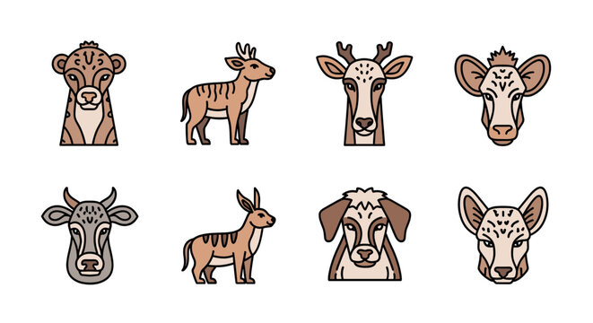 A collection of stylized linear illustrations featuring various bovine and deer-like animals, showcasing different species with a consistent artistic approach.