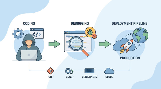 A developer codes and deploys a software application through a pipeline to production.