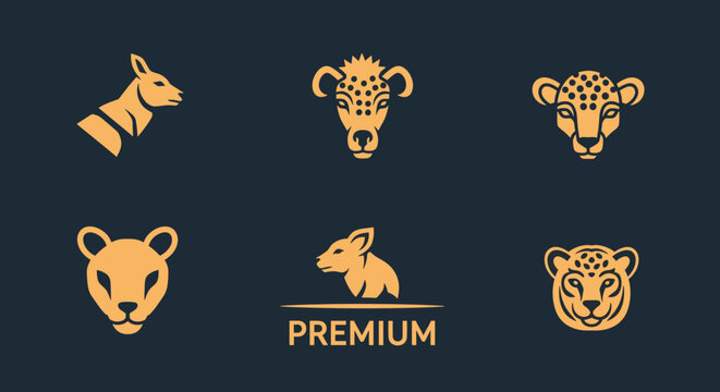 A collection of six minimalist golden animal head logos on a dark blue background, featuring various wildlife such as a kangaroo, ram, cheetah, bear, and pig, with one marked 'PREMIUM'.