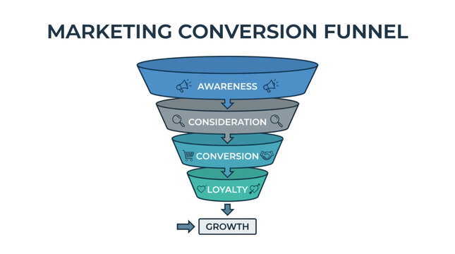 A marketing conversion funnel illustrates business growth through awareness, consideration, conversion, lead nurturing, and loyalty stages.