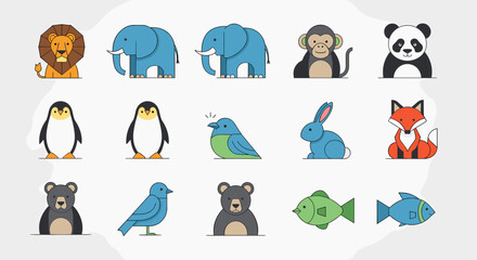 Fototapeta premium Collection of various cartoon animal icons in a flat design style, featuring a diverse range of wildlife characters.