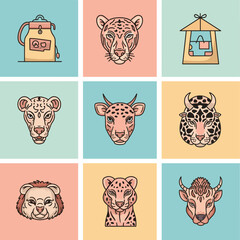 A vibrant grid of nine flat design illustrations, showcasing various stylized animal heads including felines and bovines, alongside two simple object icons, all outlined with bold lines. © Merah
