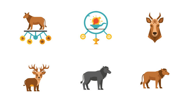 Collection of diverse animal icons and a symbolic spiritual lamp, featuring deer, cow, buffalo, and a mystical object.