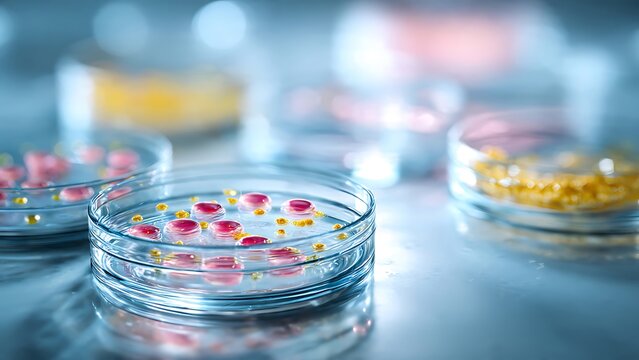 Laboratory petri dishes containing pink heart-shaped cell cultures and yellow nutrients. Concept for biotechnology, regenerative medicine, synthetic biology, and cardiac tissue engineering.